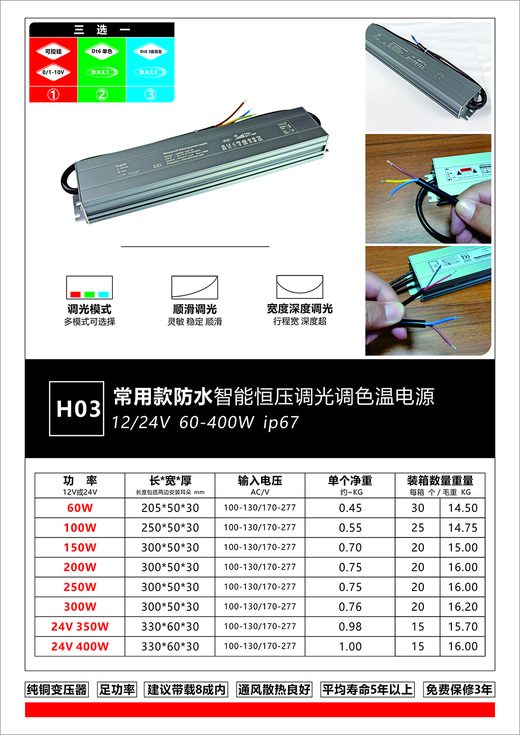 H03 防水 IP67 恒压调光电源 12V/24V DALI/0-10V 调色温