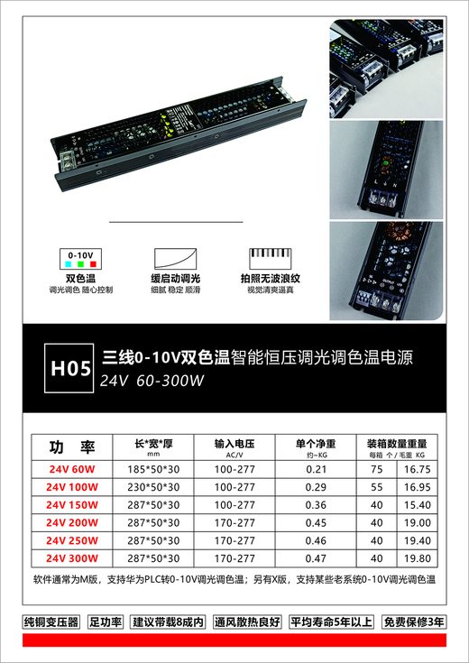 H05 三线 0-10V 双色温恒压电源 24V 60-300W 智能 LED 调光驱动