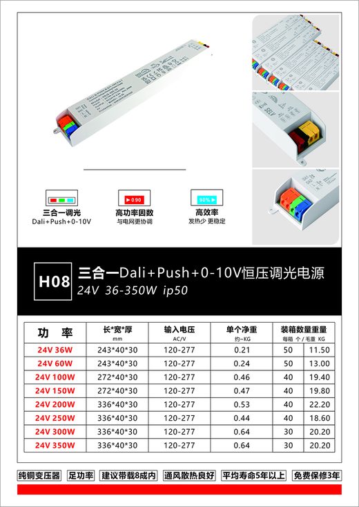 H08 三合一 DALI+Push+0-10V 恒压调光电源 24V 36-350W