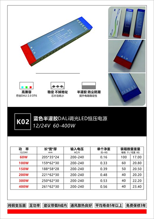 K02 半灌胶 DALI2.0 DT6 调光电源 12V/24V 恒压 LED 驱动