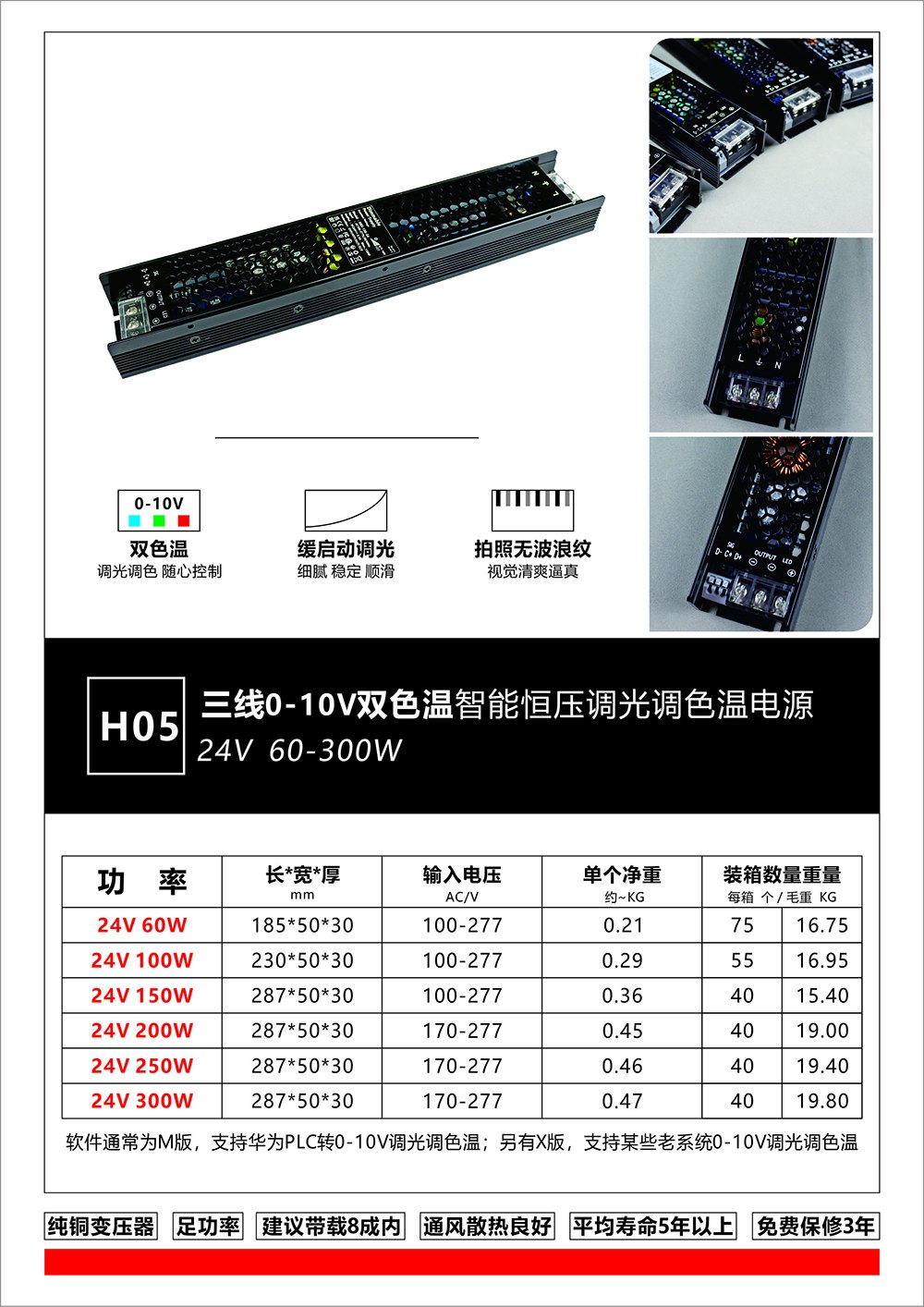 H05 三线 0-10V 双色温恒压电源 24V 60-300W 智能 LED 调光驱动 产品图