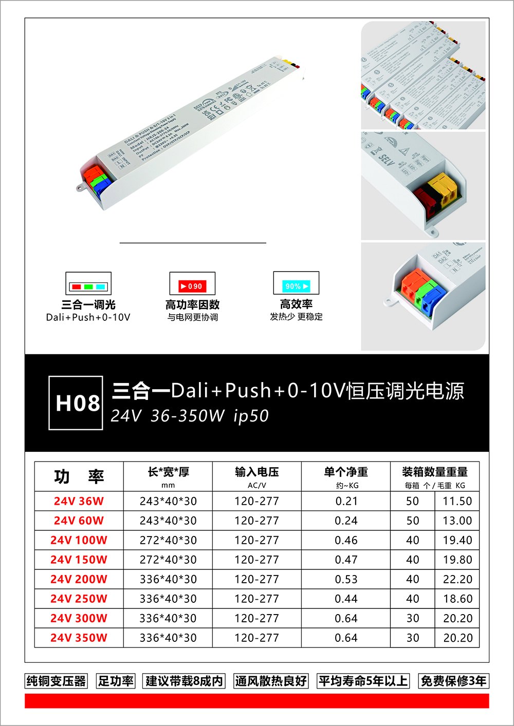 H08 三合一 DALI+Push+0-10V 恒压调光电源 24V 36-350W 产品图