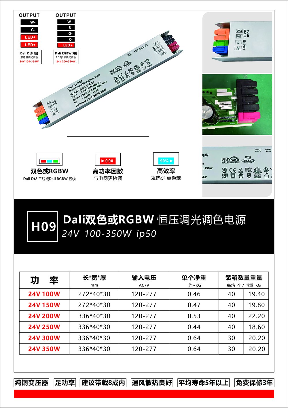 H09 二合一 DALI+Push DT8 三线 24V 双色温恒压电源 产品图