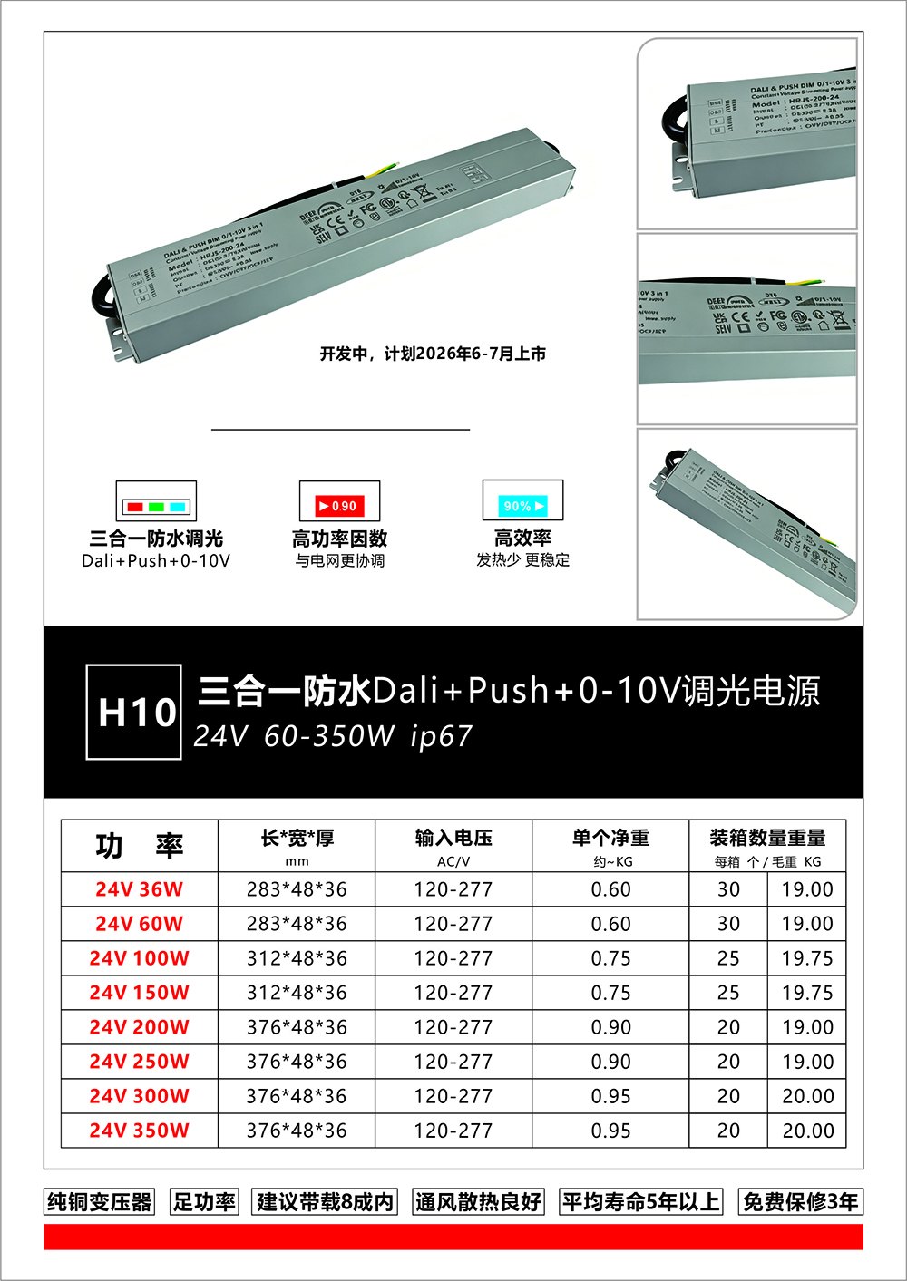 H10 IP67 防水三合一 DALI+Push+0-10V 24V 调光电源 产品图