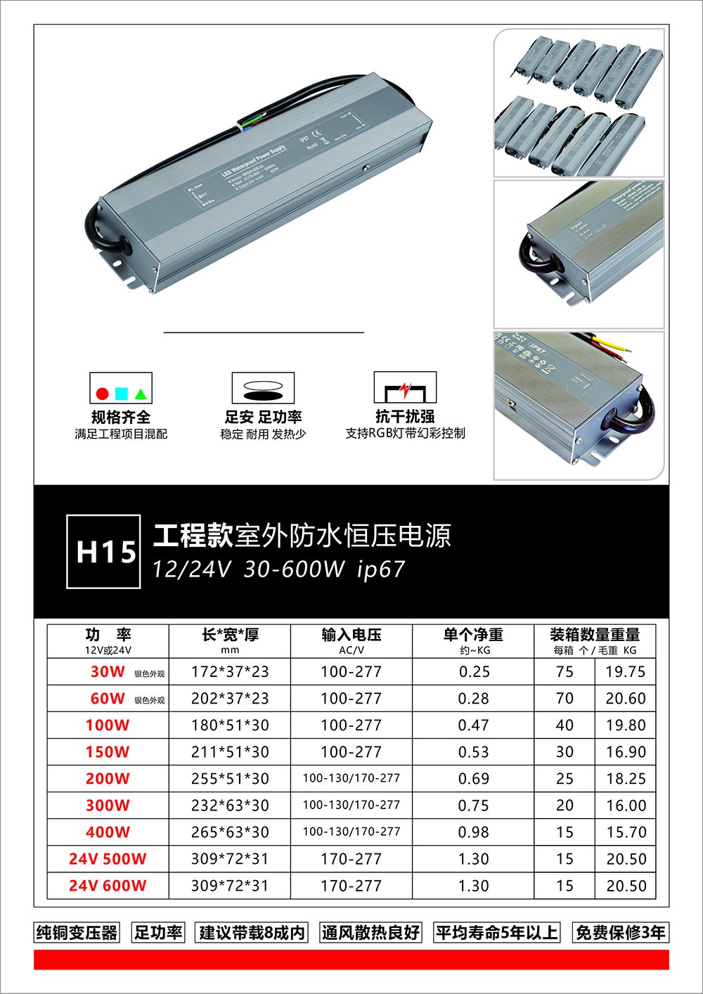 H15 工程款 IP67 防水恒压电源 12V/24V RGB 户外 LED 驱动 产品图
