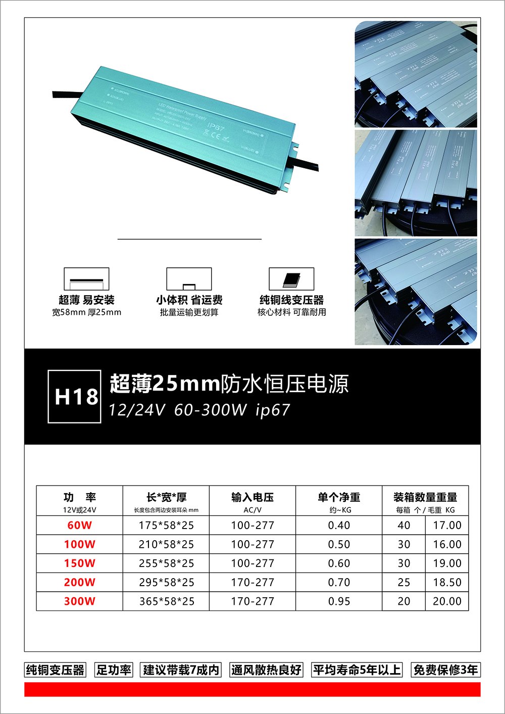 H18 超薄 25mm IP67 防水恒压电源 12V/24V LED 驱动 产品图
