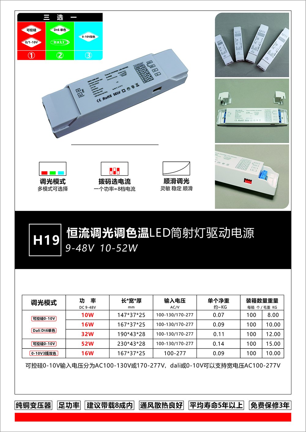 H19 恒流 DALI/0-10V 可控硅调光驱动 10-52W 筒射灯调色温电源 产品图