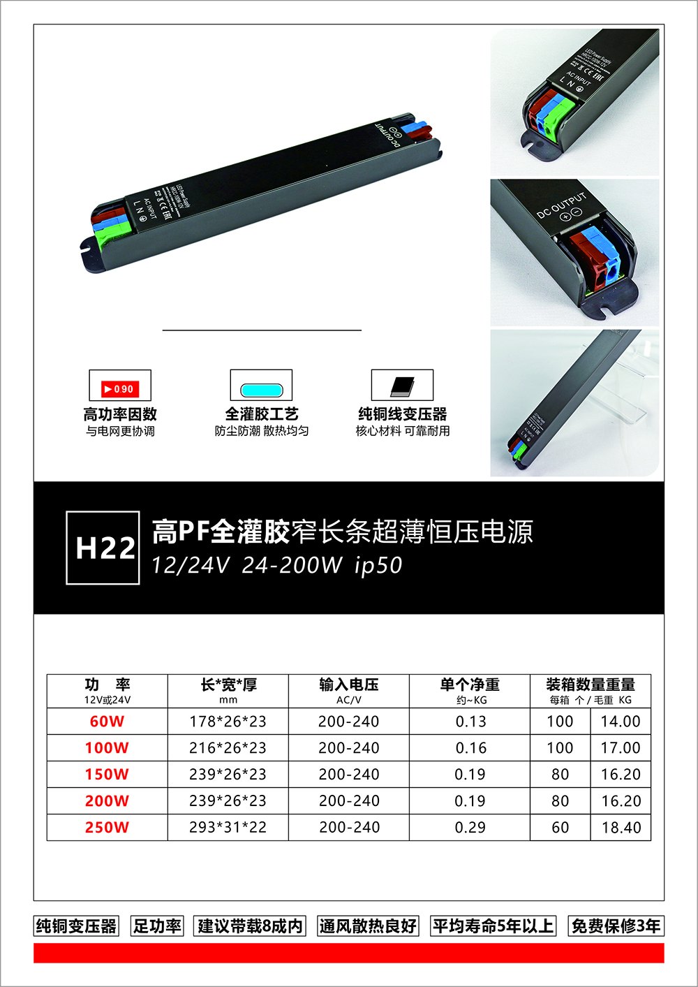 H22 高 PF 全灌胶窄长条 IP50 电源 12V/24V 超薄 LED 驱动 产品图