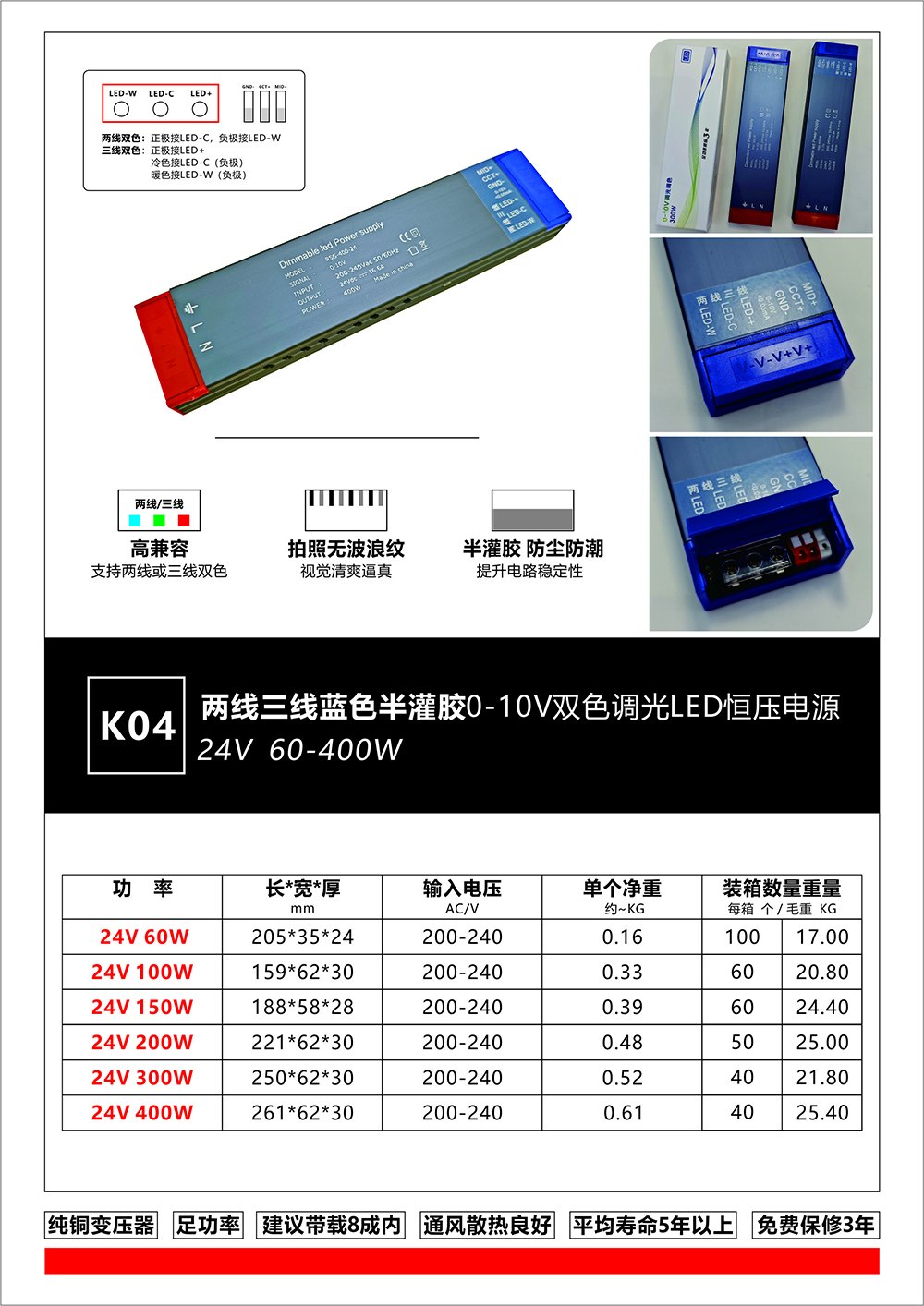 K04 0-10V 双色温调光电源 24V 两线三线兼容 LED 驱动 产品图