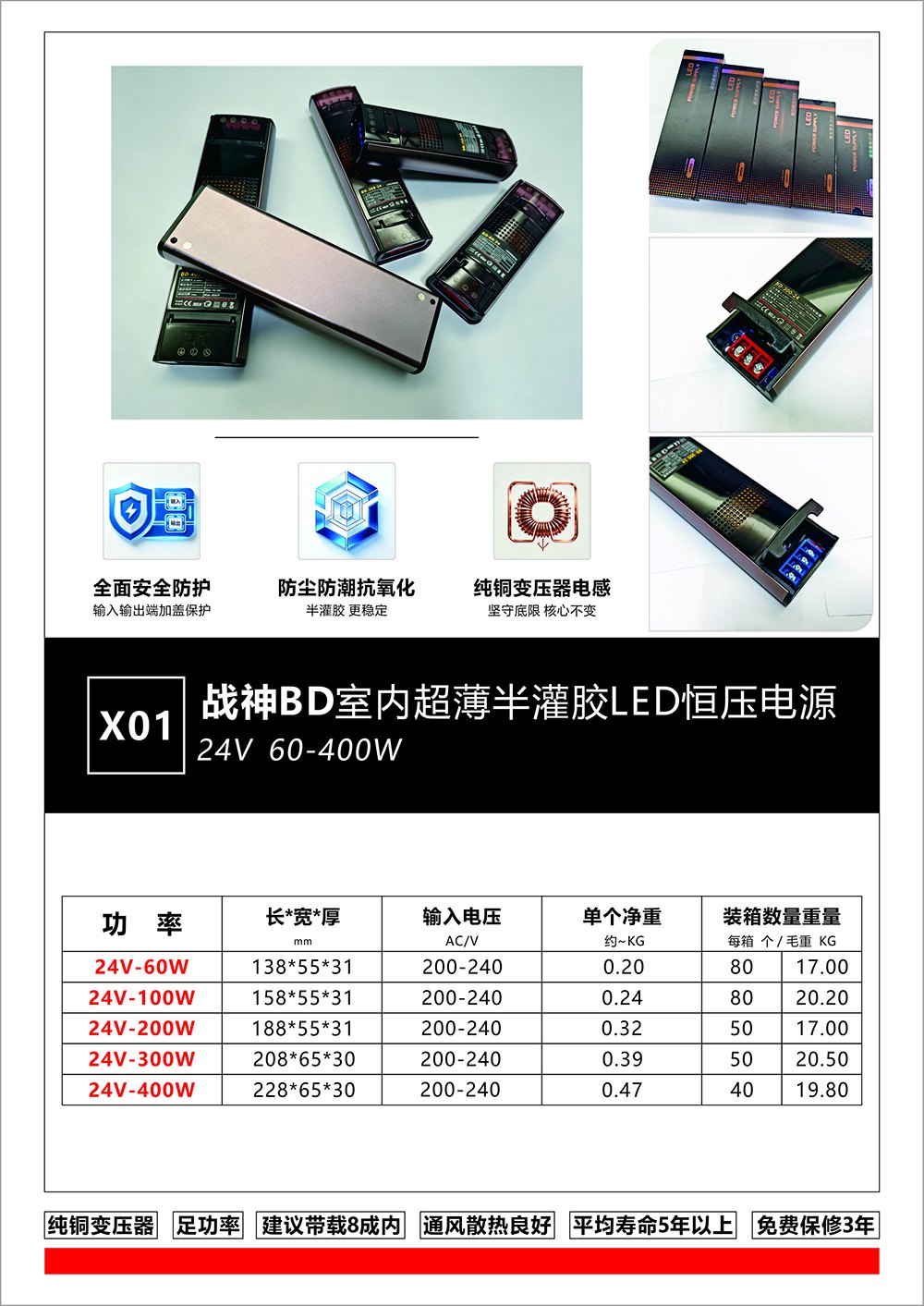 X01 战神 BD 超薄半灌胶电源 24V 室内 LED 恒压驱动 产品图